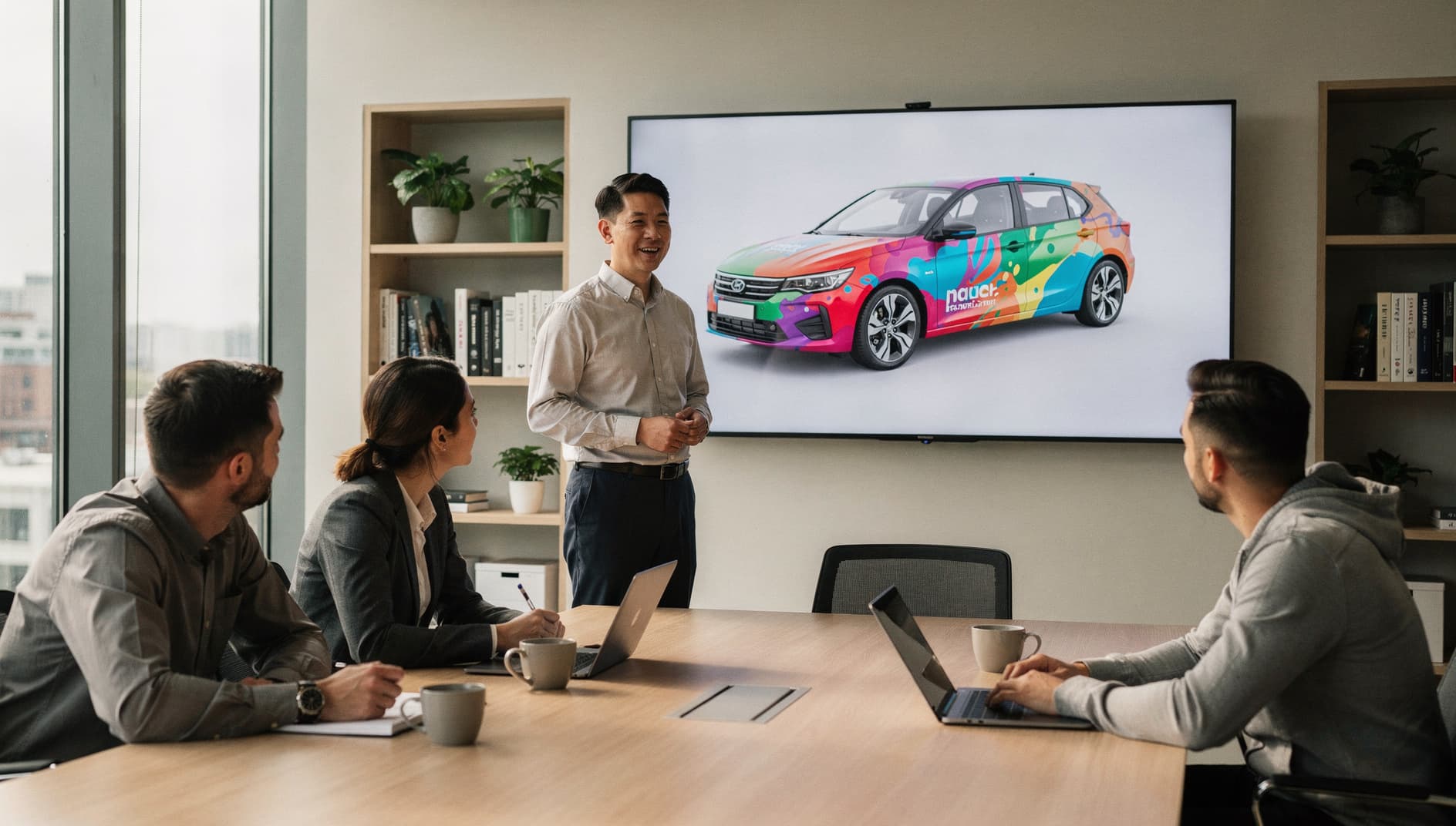 Creative agency presenting a 3D vehicle wrap mockup to clients