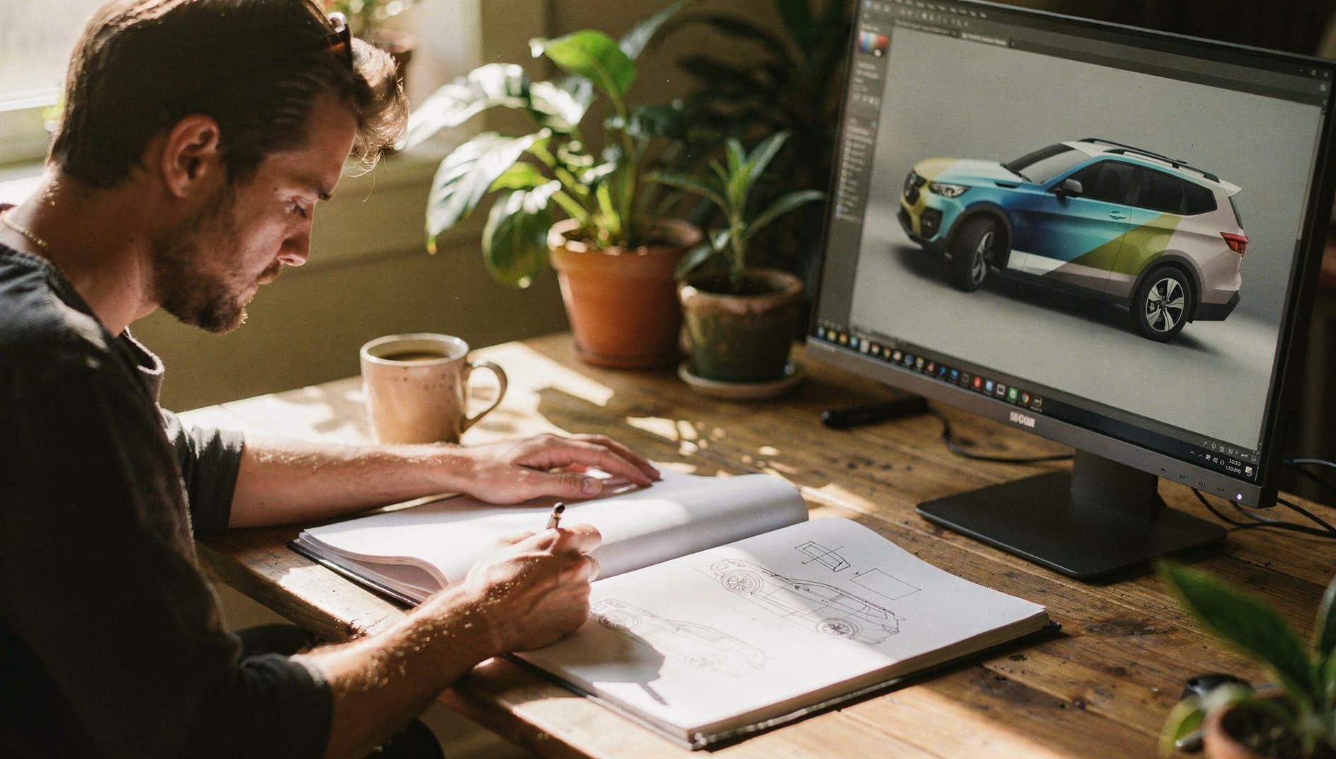 Freelance designer sketching wrap concepts in a sunlit home studio