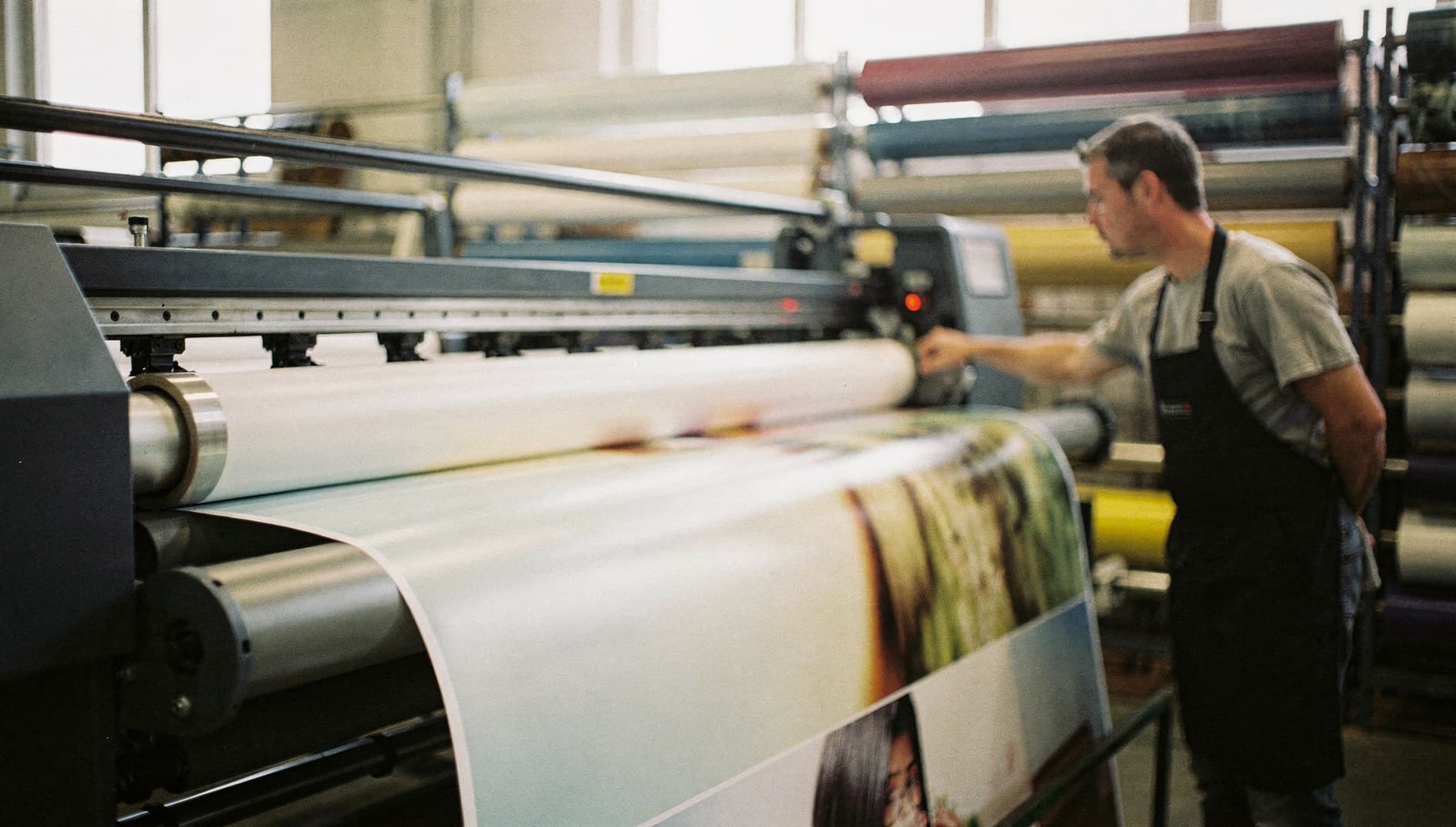 Vinyl panel emerging from a wide-format printer at a production facility
