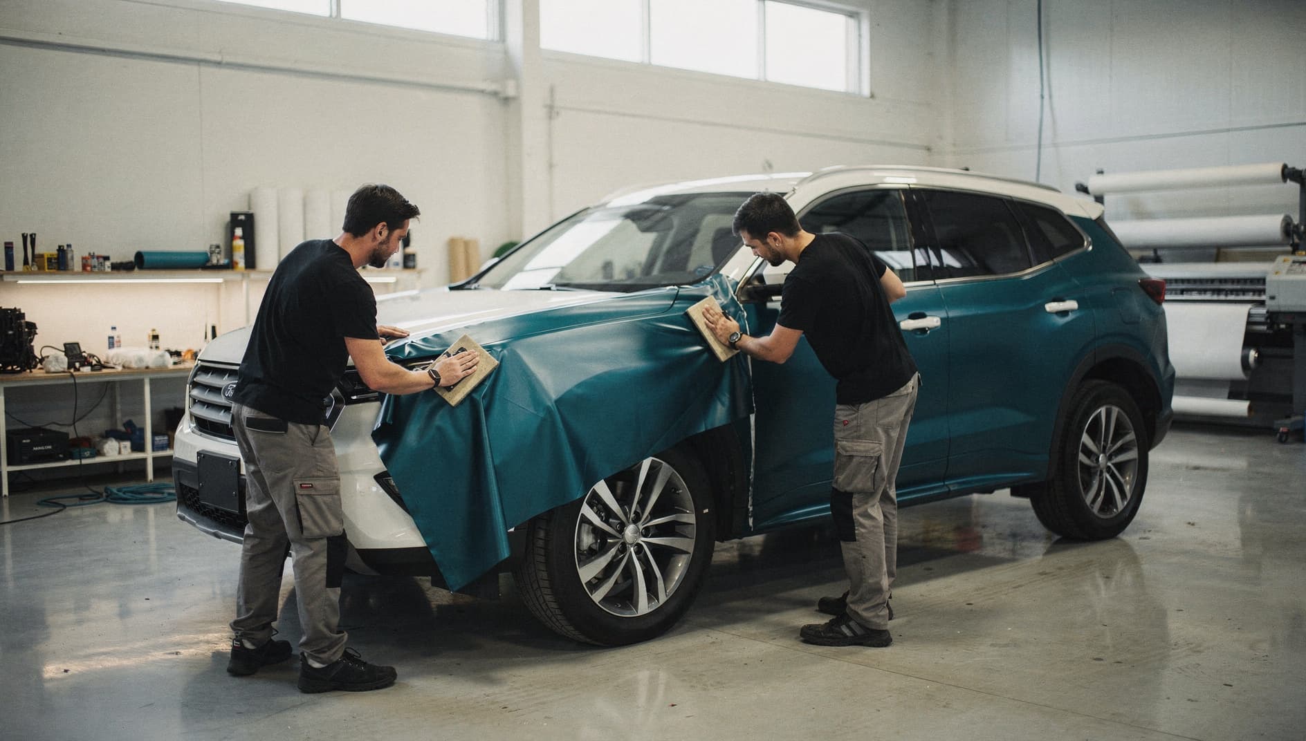 Installers wrapping an SUV in teal vinyl inside a modern wrap shop