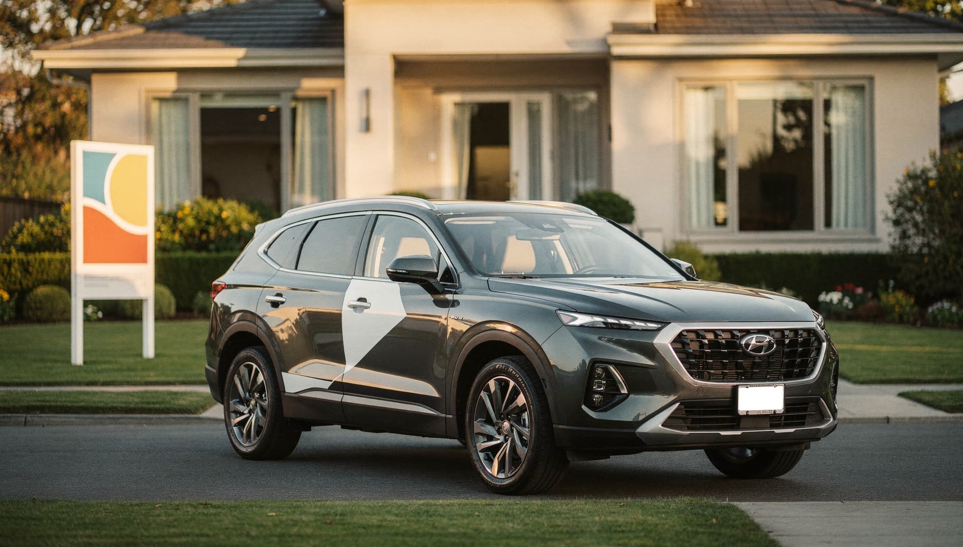 Wrapped SUV parked in front of a modern suburban home